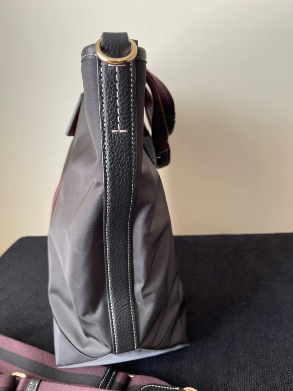 Unisex Coach Black Nylon Tote with Burgundy-Trim Straps